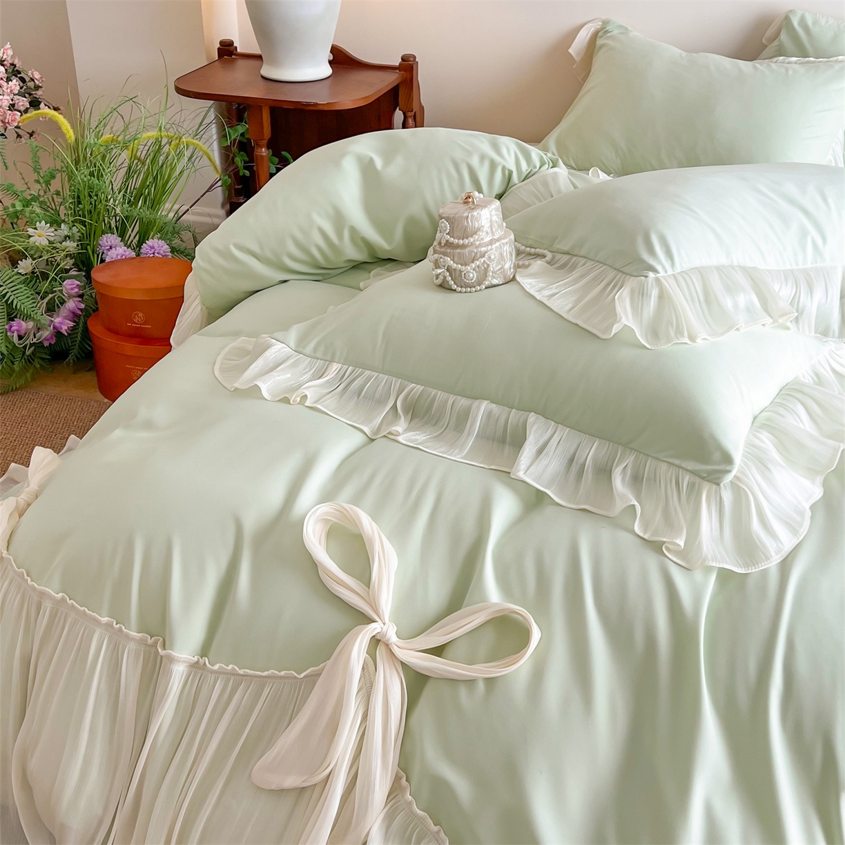 91家纺网 家纺一手货源 找家纺 吾欢心 2026春夏新款公主风索菲亚四件套 索菲亚绿