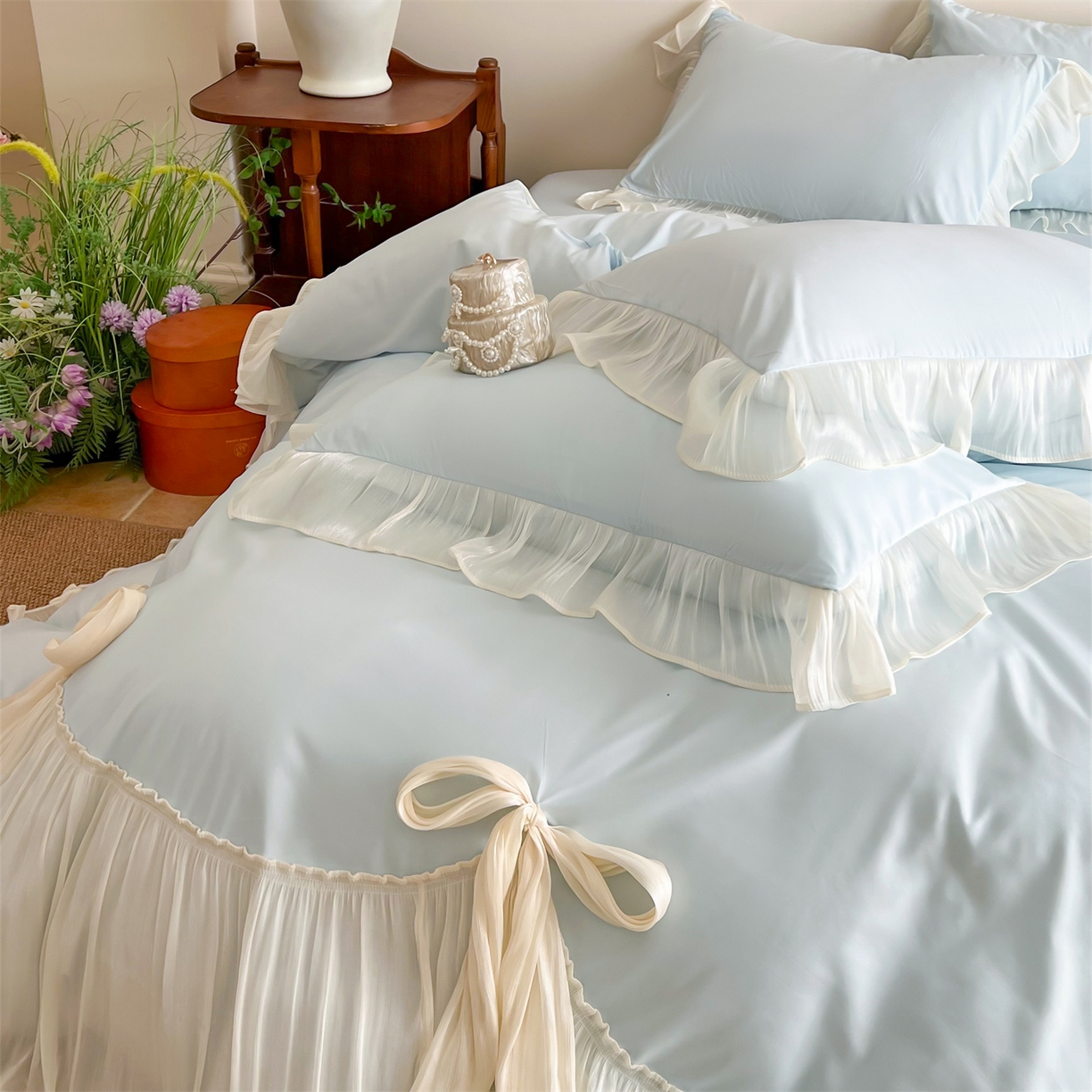 91家纺网 家纺一手货源 找家纺 吾欢心 2026春夏新款公主风索菲亚四件套 索菲亚蓝