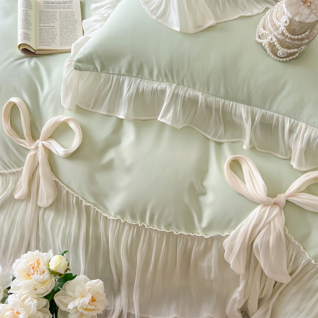 91家纺网 家纺一手货源 找家纺 吾欢心 2026春夏新款公主风索菲亚四件套 索菲亚绿