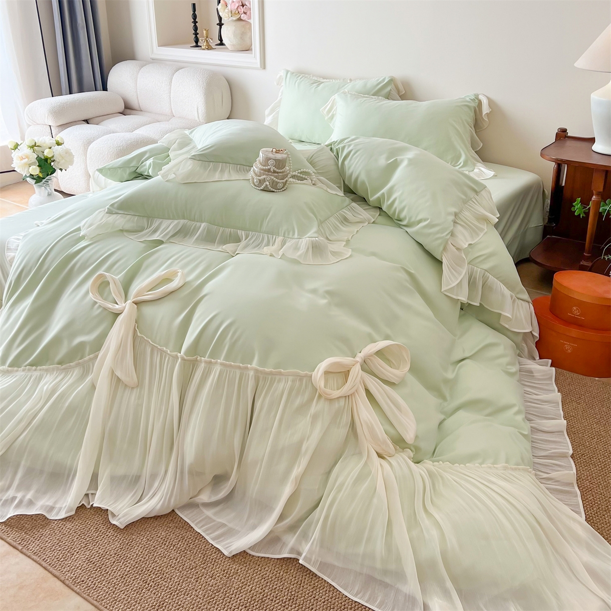 91家纺网 家纺一手货源 找家纺 吾欢心 2026春夏新款公主风索菲亚四件套 索菲亚绿