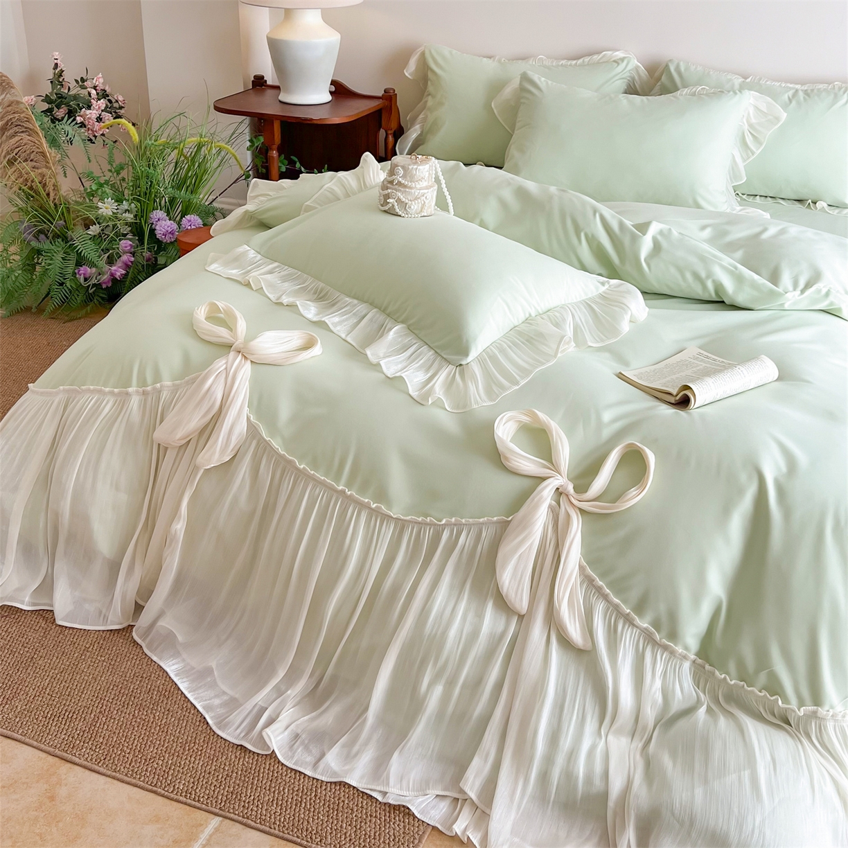 91家纺网 家纺一手货源 找家纺 吾欢心 2026春夏新款公主风索菲亚四件套 索菲亚绿