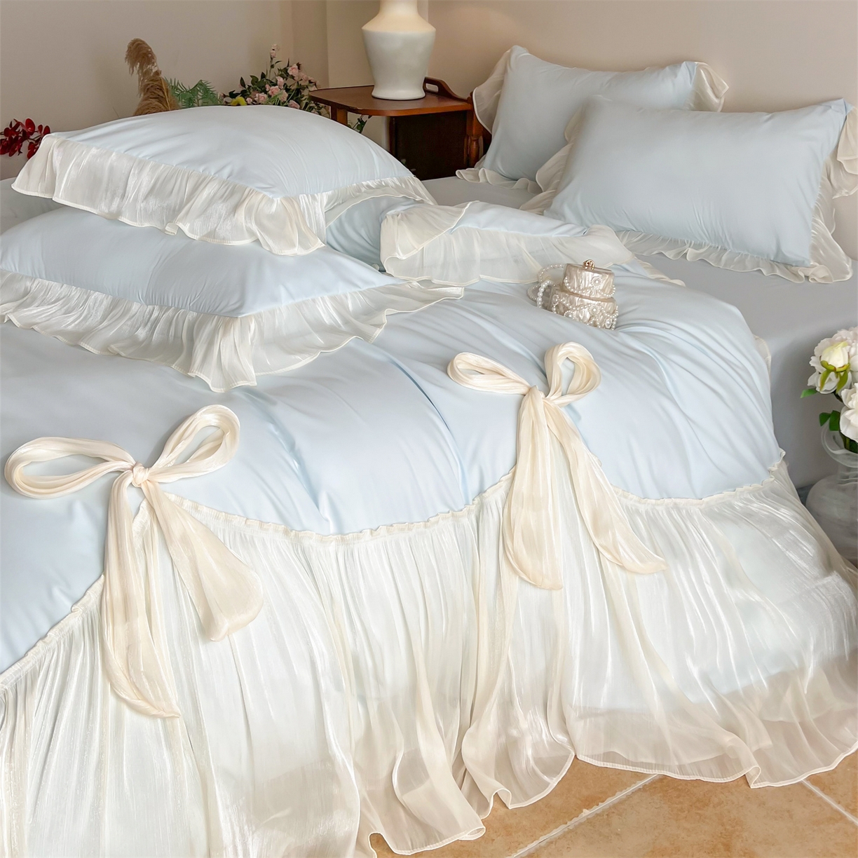 91家纺网 家纺一手货源 找家纺 吾欢心 2026春夏新款公主风索菲亚四件套 索菲亚蓝