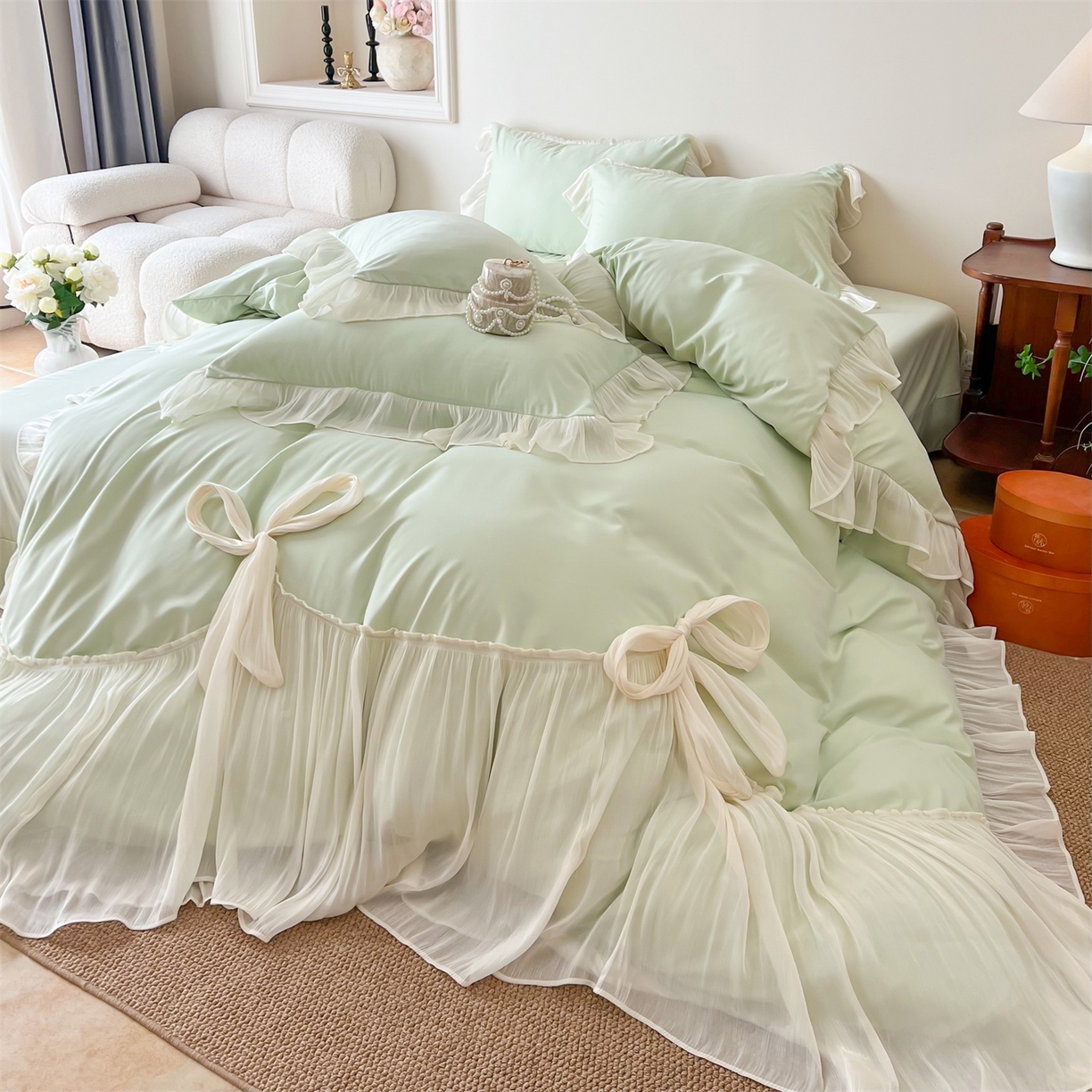 91家纺网 家纺一手货源 找家纺 吾欢心 2026春夏新款公主风索菲亚四件套 索菲亚绿