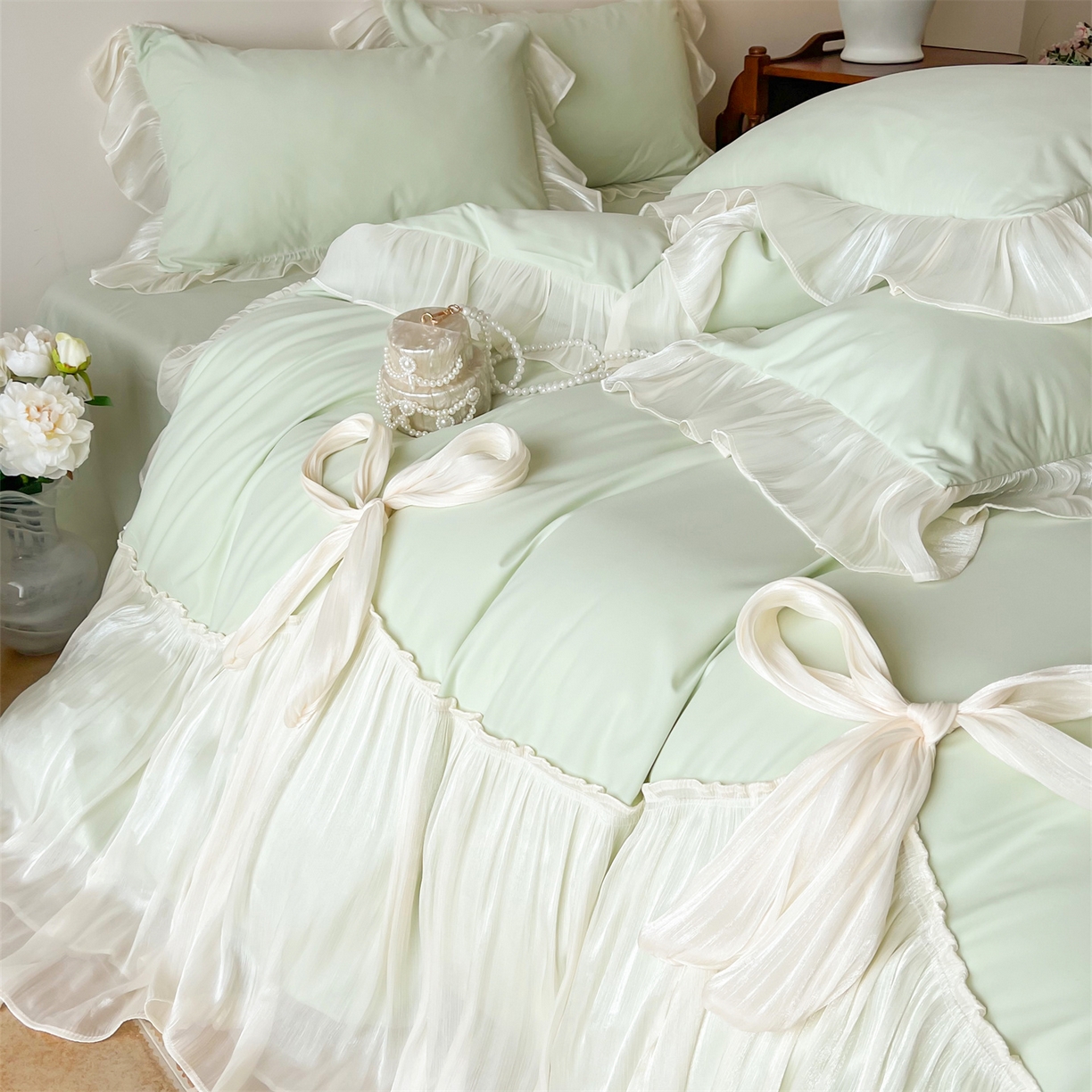 91家纺网 家纺一手货源 找家纺 吾欢心 2026春夏新款公主风索菲亚四件套 索菲亚绿