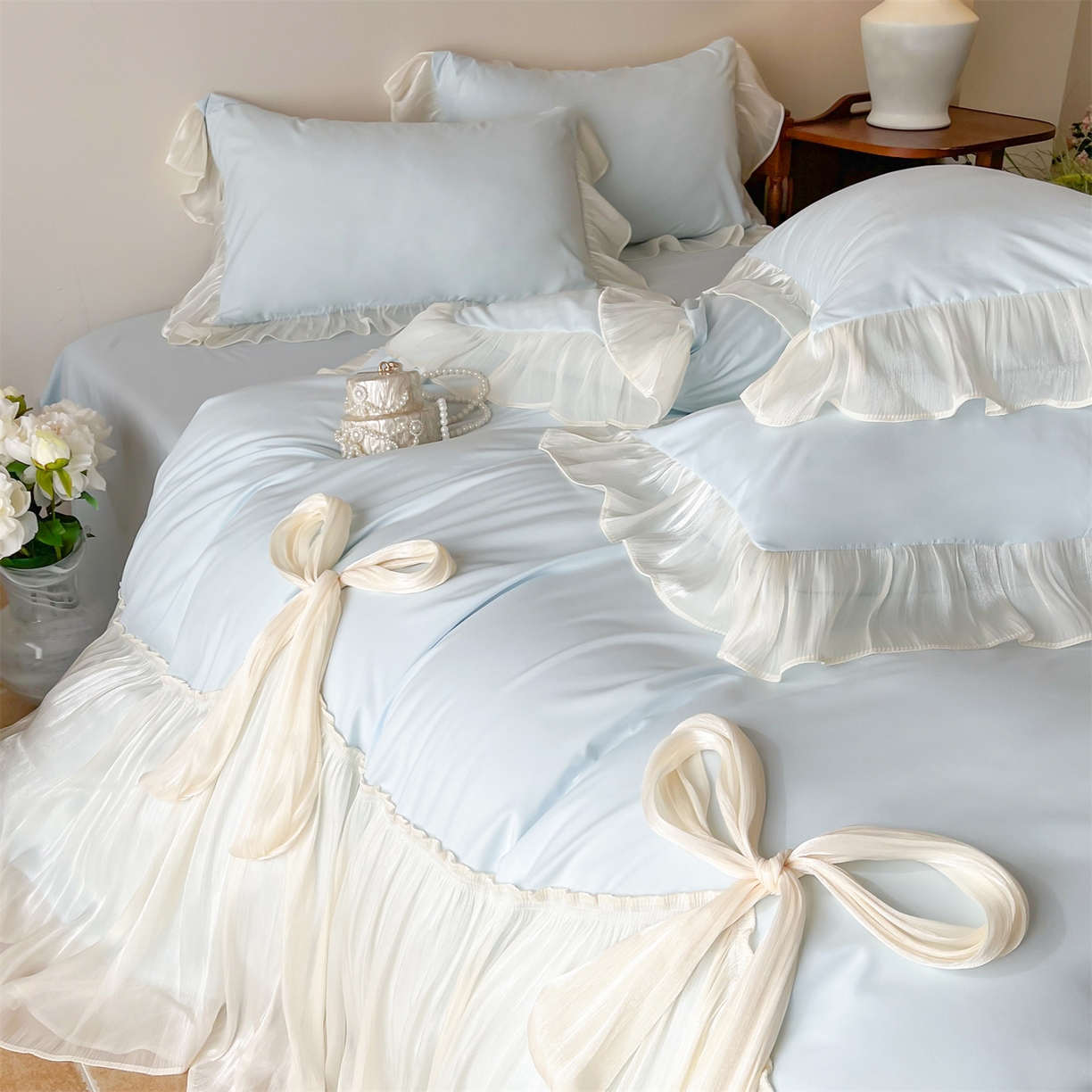 91家纺网 家纺一手货源 找家纺 吾欢心 2026春夏新款公主风索菲亚四件套 索菲亚蓝