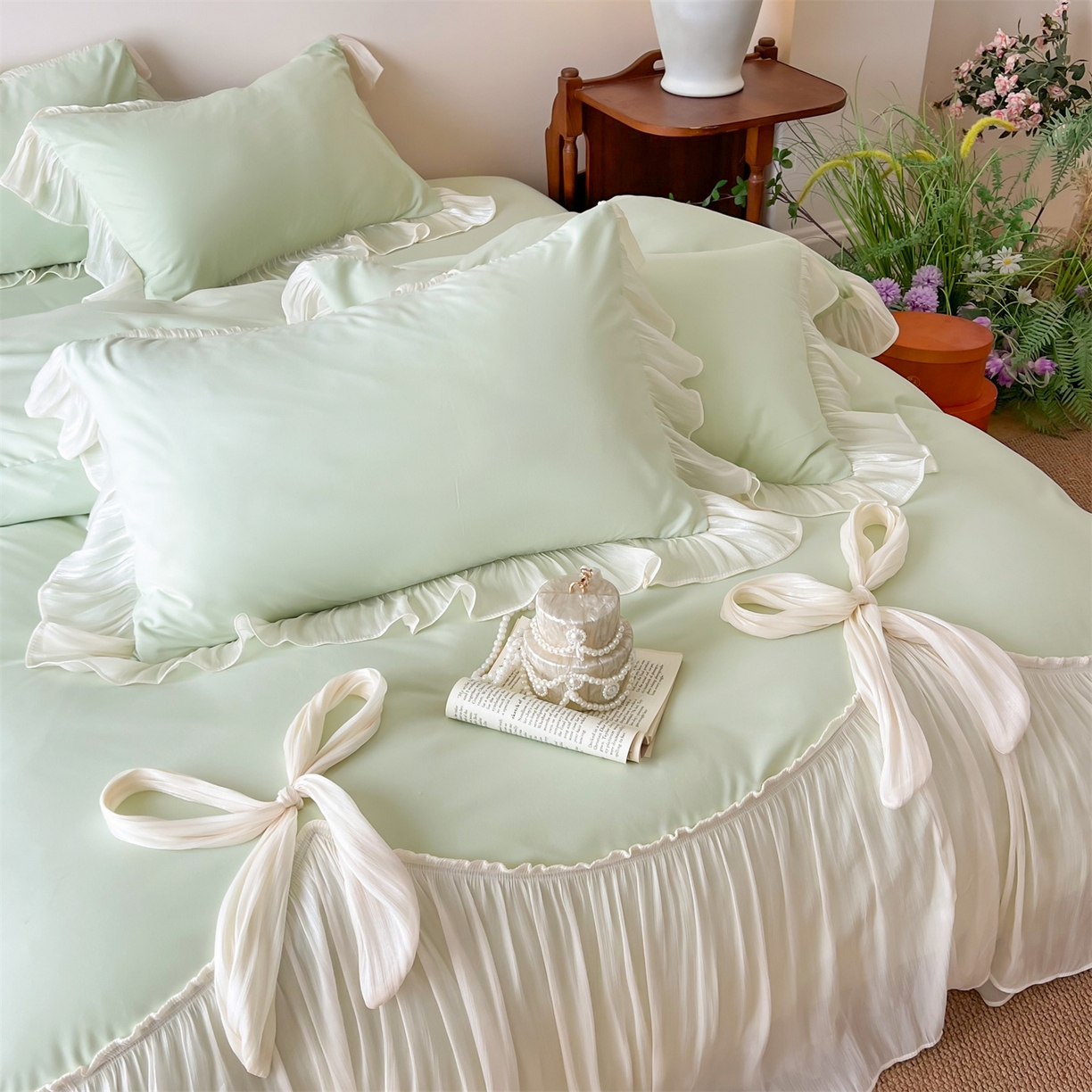 91家纺网 家纺一手货源 找家纺 吾欢心 2026春夏新款公主风索菲亚四件套 索菲亚绿