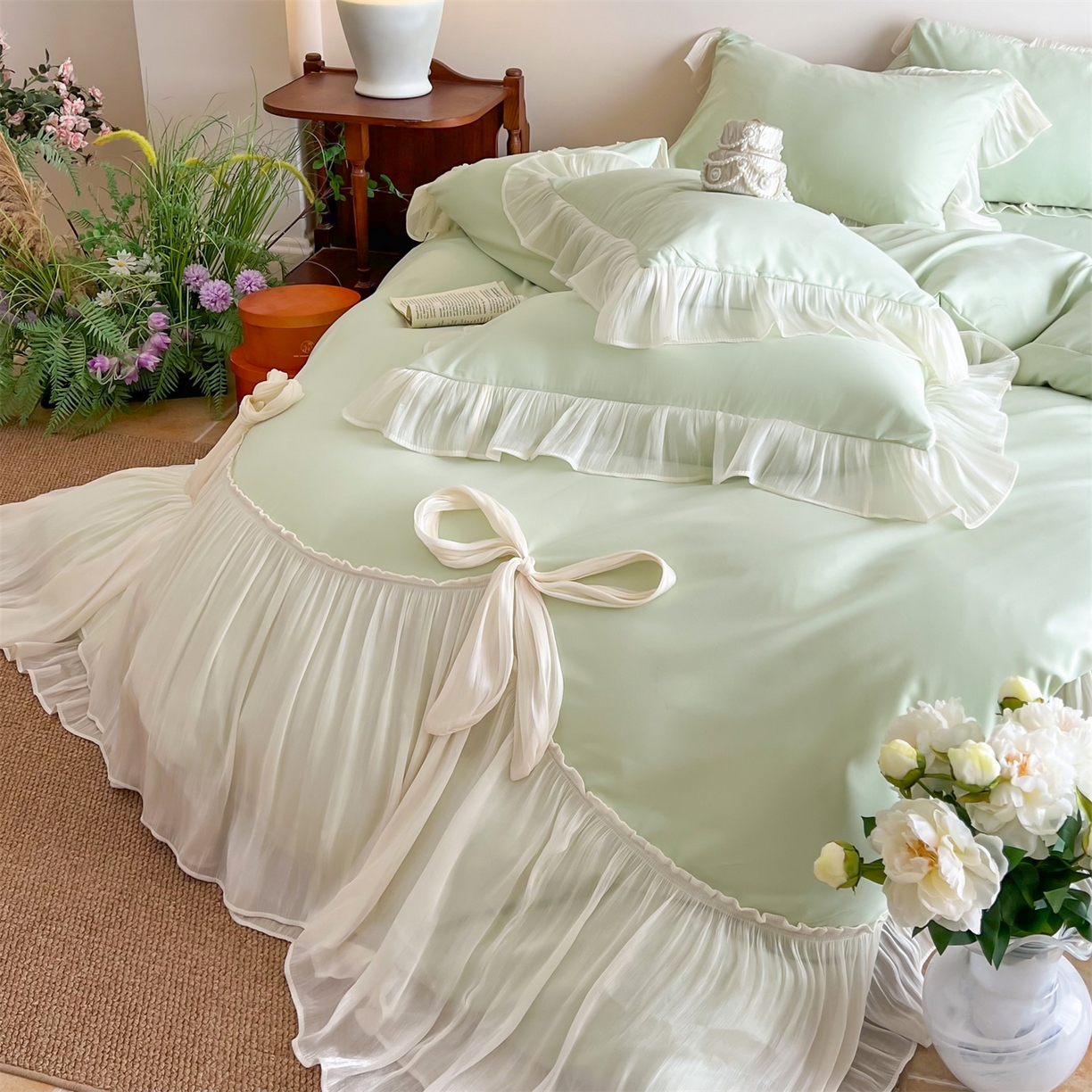 91家纺网 家纺一手货源 找家纺 吾欢心 2026春夏新款公主风索菲亚四件套 索菲亚绿