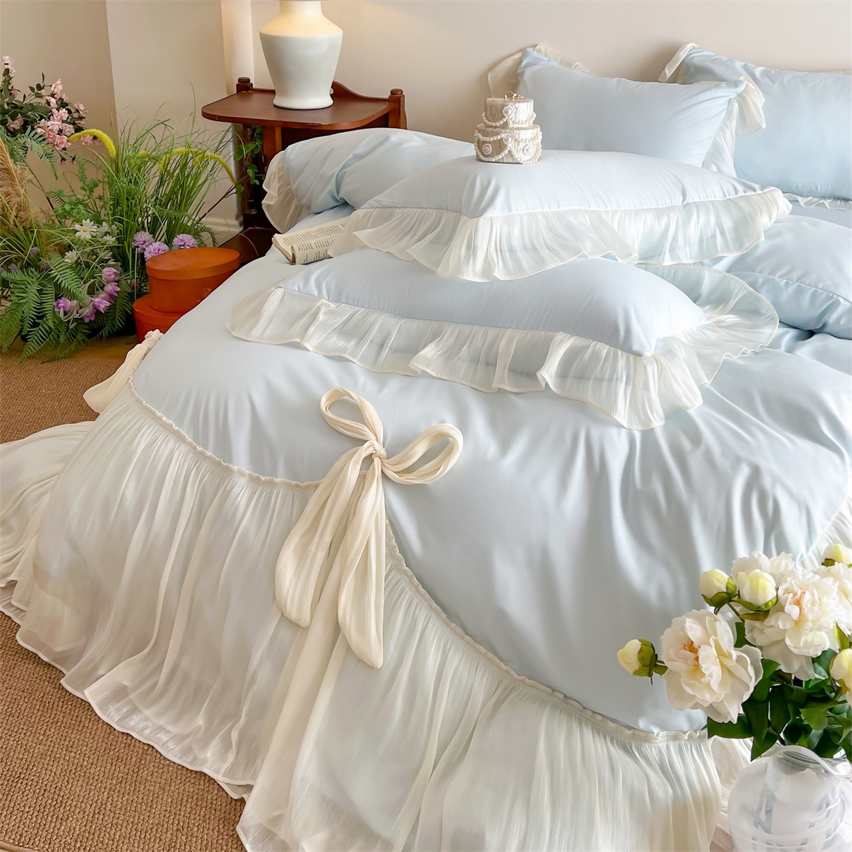 91家纺网 家纺一手货源 找家纺 吾欢心 2026春夏新款公主风索菲亚四件套 索菲亚蓝