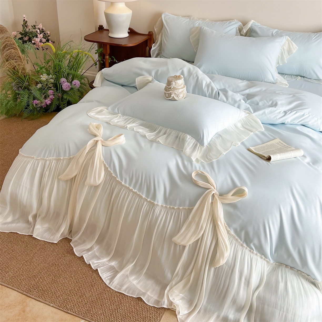 91家纺网 家纺一手货源 找家纺 吾欢心 2026春夏新款公主风索菲亚四件套 索菲亚蓝