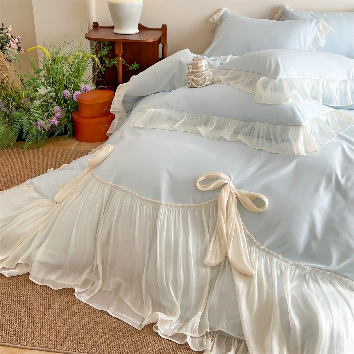 91家纺网 家纺一手货源 找家纺 吾欢心 2026春夏新款公主风索菲亚四件套 索菲亚蓝