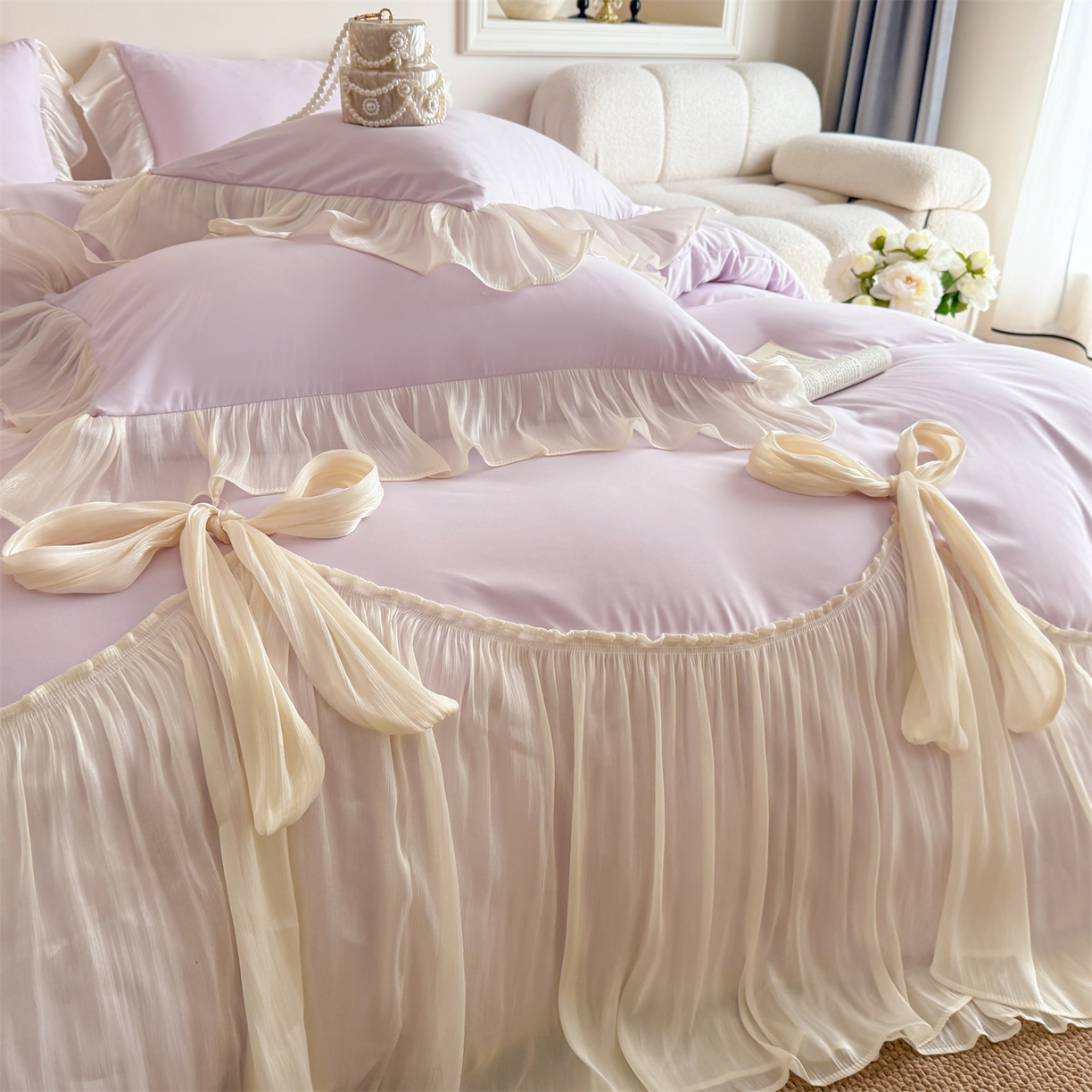 91家纺网 家纺一手货源 找家纺 吾欢心 2026春夏新款公主风索菲亚四件套 索菲亚紫