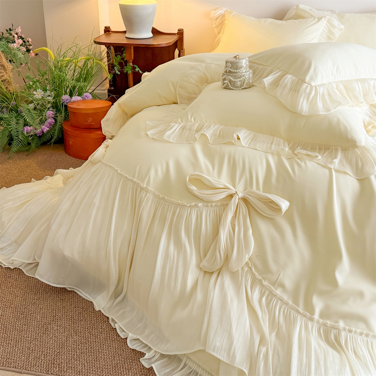 91家纺网 家纺一手货源 找家纺 吾欢心 2026春夏新款公主风索菲亚四件套 索菲亚黄