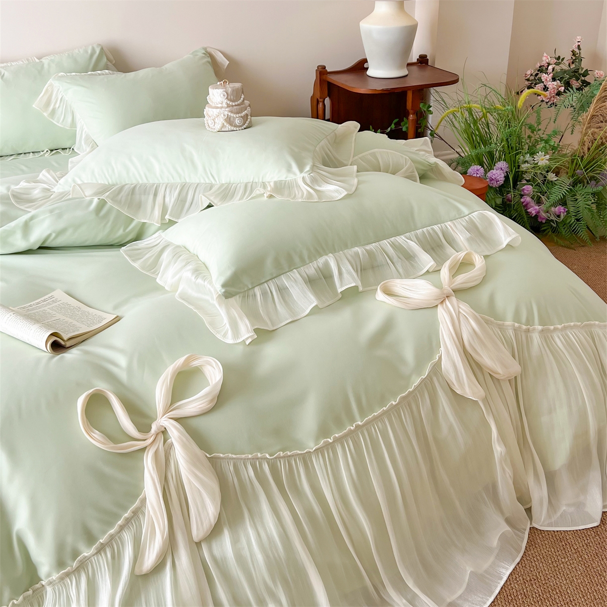 91家纺网 家纺一手货源 找家纺 吾欢心 2026春夏新款公主风索菲亚四件套 索菲亚绿