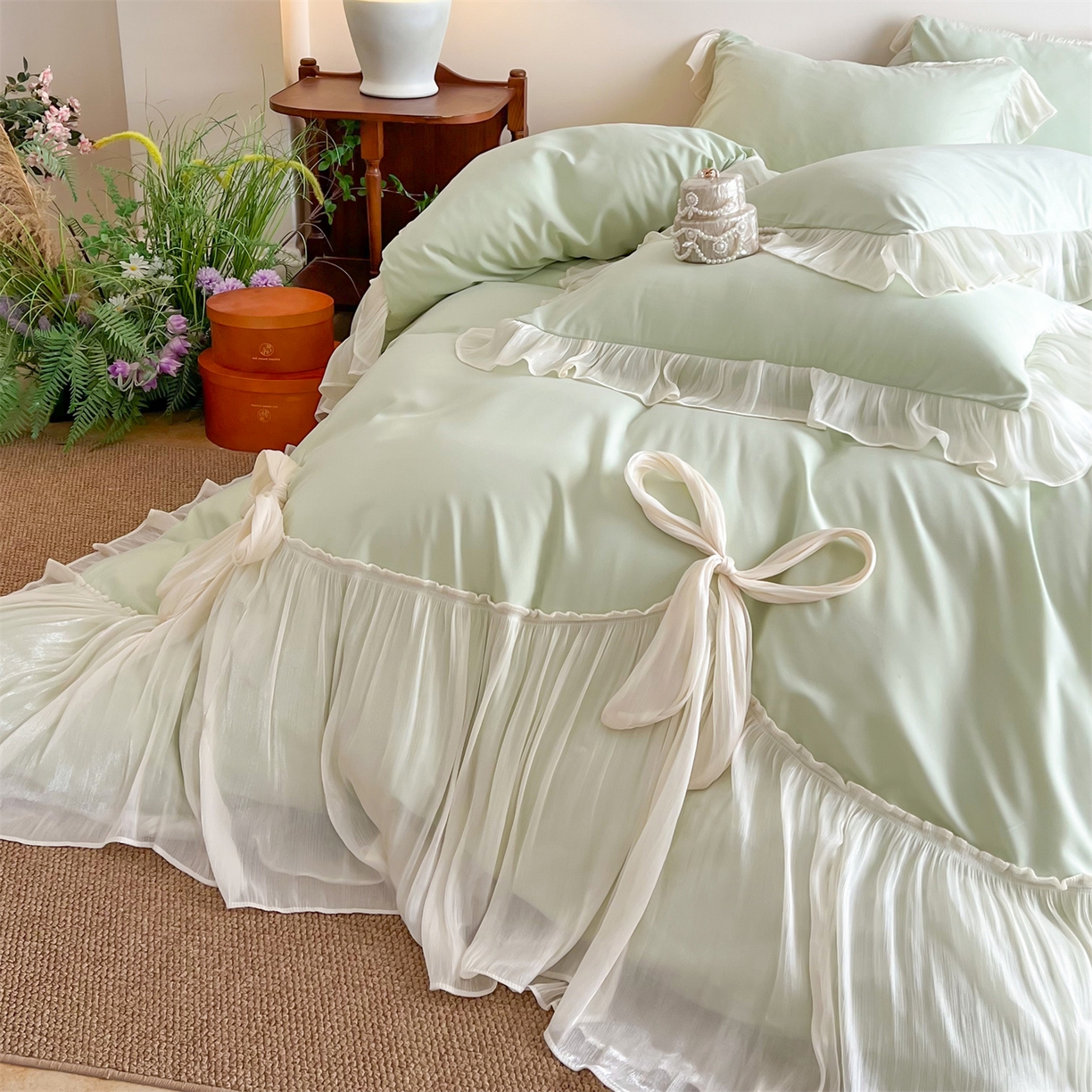 91家纺网 家纺一手货源 找家纺 吾欢心 2026春夏新款公主风索菲亚四件套 索菲亚绿