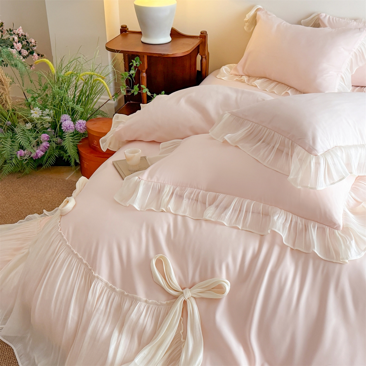 91家纺网 家纺一手货源 找家纺 吾欢心 2026春夏新款公主风索菲亚四件套 索菲亚粉