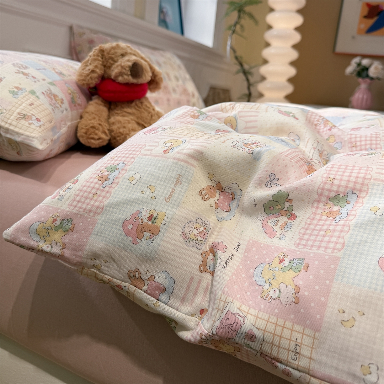 塞纳 2026新款.全棉有氧双层纱四件套-场景一 桃桃奶盖