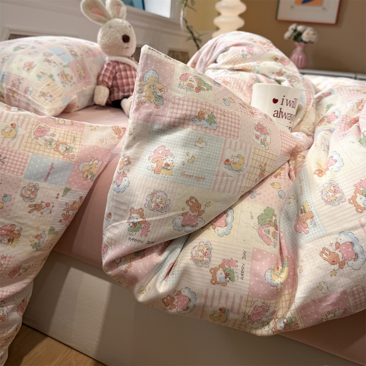 91家纺网 家纺一手货源 找家纺 塞纳 2026新款.全棉有氧双层纱四件套-场景一 桃桃奶盖