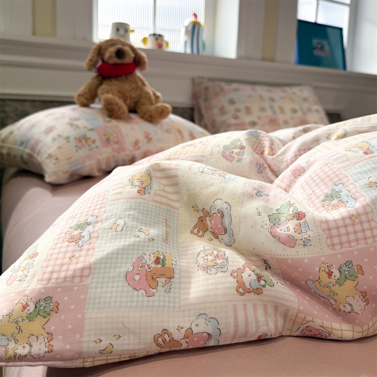 91家纺网 家纺一手货源 找家纺 塞纳 2026新款.全棉有氧双层纱四件套-场景一 桃桃奶盖