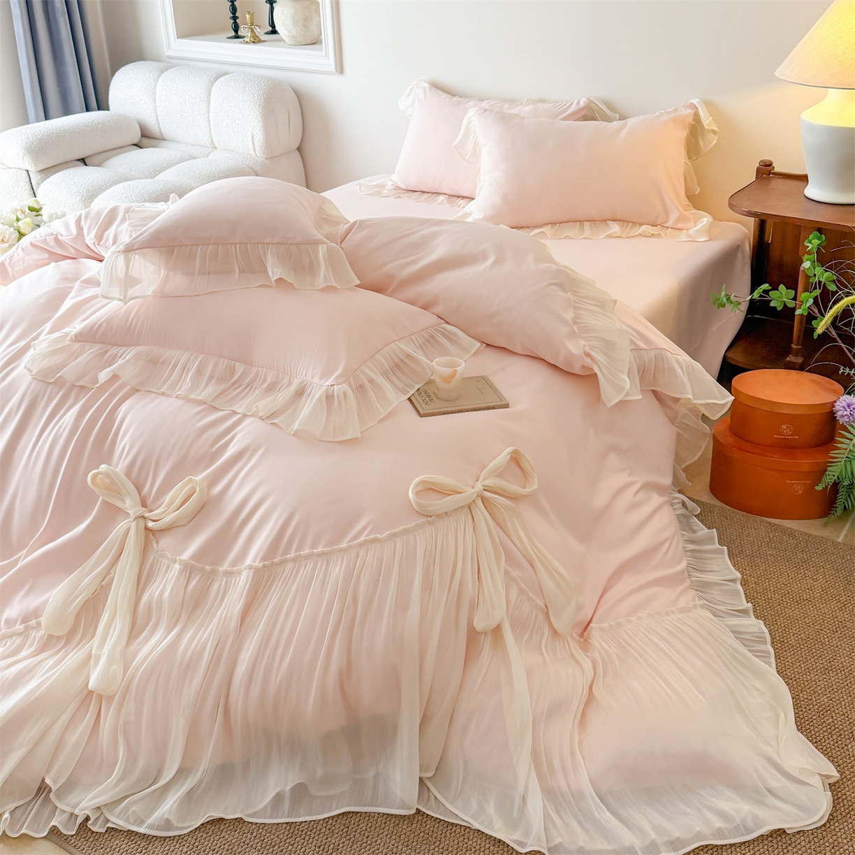 91家纺网 家纺一手货源 找家纺 吾欢心 2026春夏新款公主风索菲亚四件套 索菲亚粉