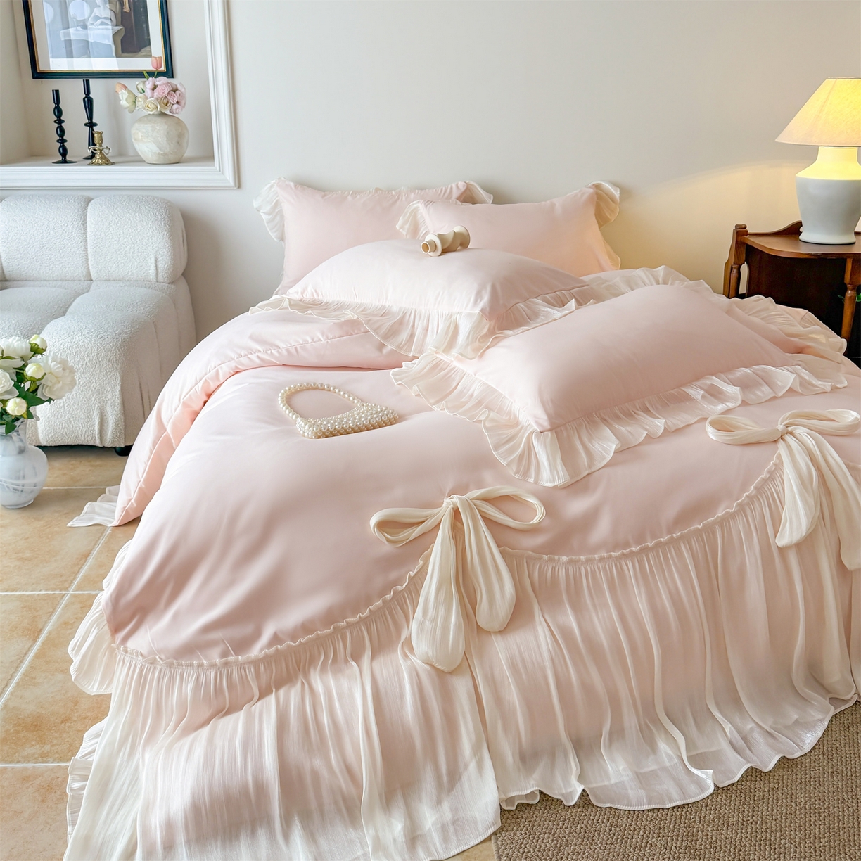 91家纺网 家纺一手货源 找家纺 吾欢心 2026春夏新款公主风索菲亚四件套 索菲亚粉