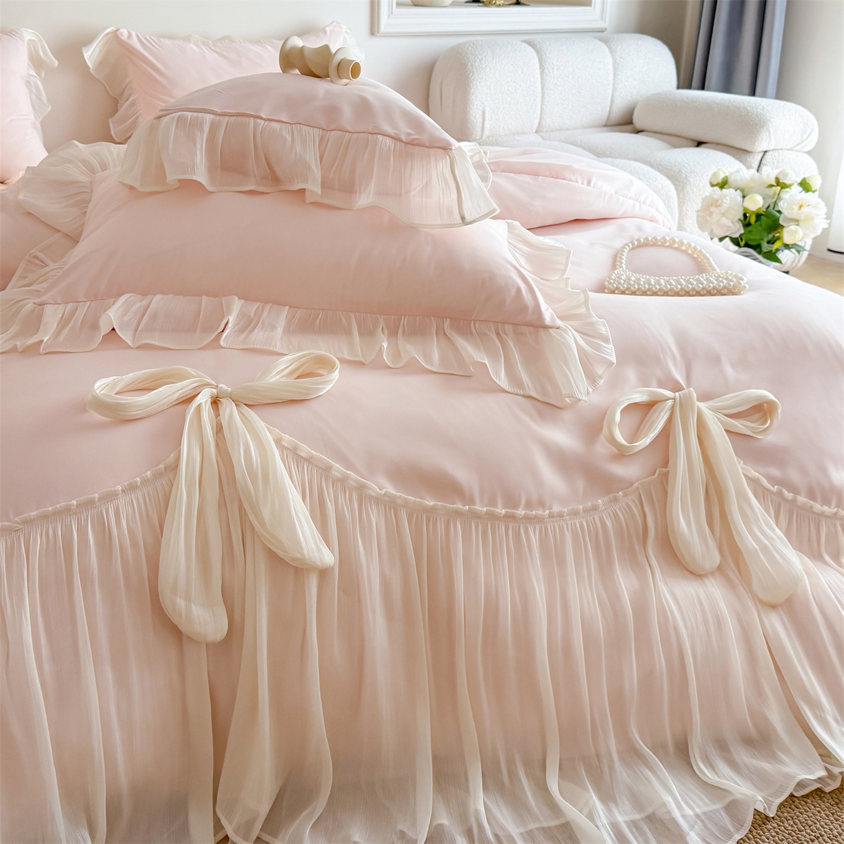 91家纺网 家纺一手货源 找家纺 吾欢心 2026春夏新款公主风索菲亚四件套 索菲亚粉