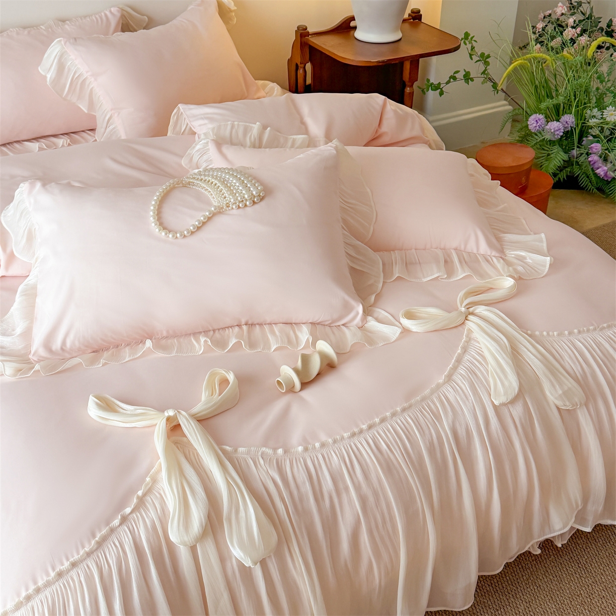 91家纺网 家纺一手货源 找家纺 吾欢心 2026春夏新款公主风索菲亚四件套 索菲亚粉