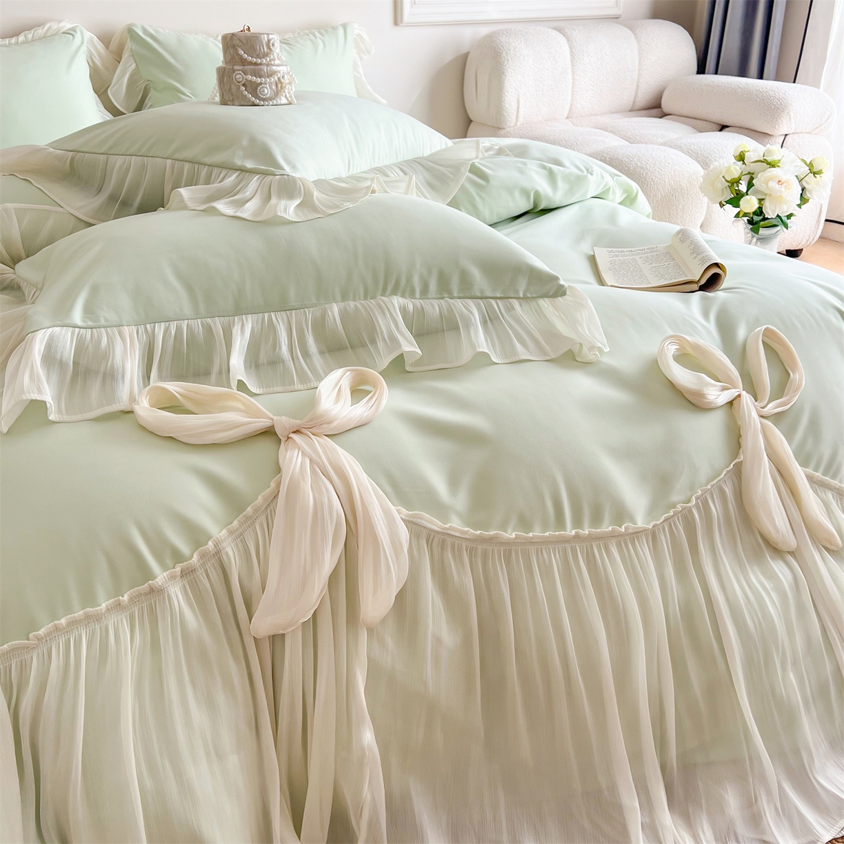 91家纺网 家纺一手货源 找家纺 吾欢心 2026春夏新款公主风索菲亚四件套 索菲亚绿