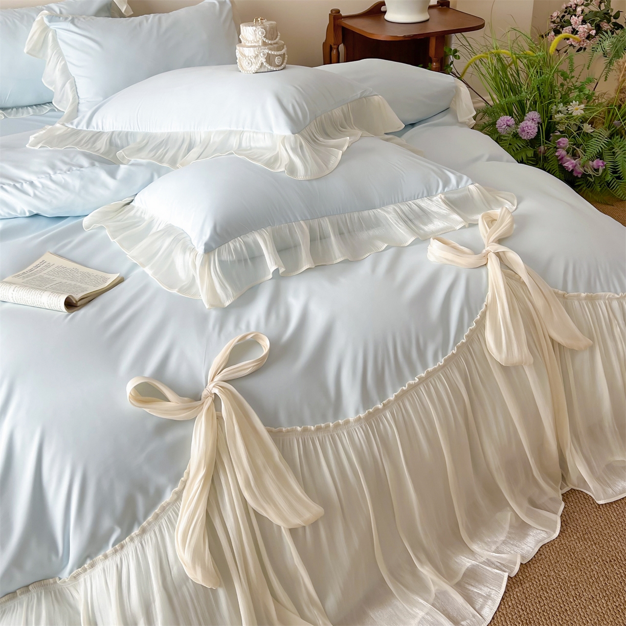 91家纺网 家纺一手货源 找家纺 吾欢心 2026春夏新款公主风索菲亚四件套 索菲亚蓝