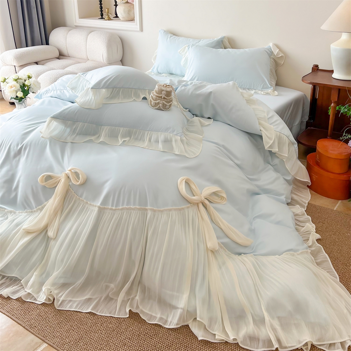 91家纺网 家纺一手货源 找家纺 吾欢心 2026春夏新款公主风索菲亚四件套 索菲亚蓝