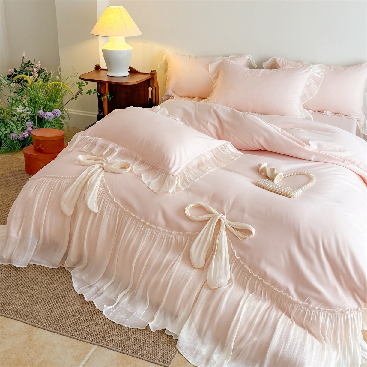 91家纺网 家纺一手货源 找家纺 吾欢心 2026春夏新款公主风索菲亚四件套 索菲亚粉