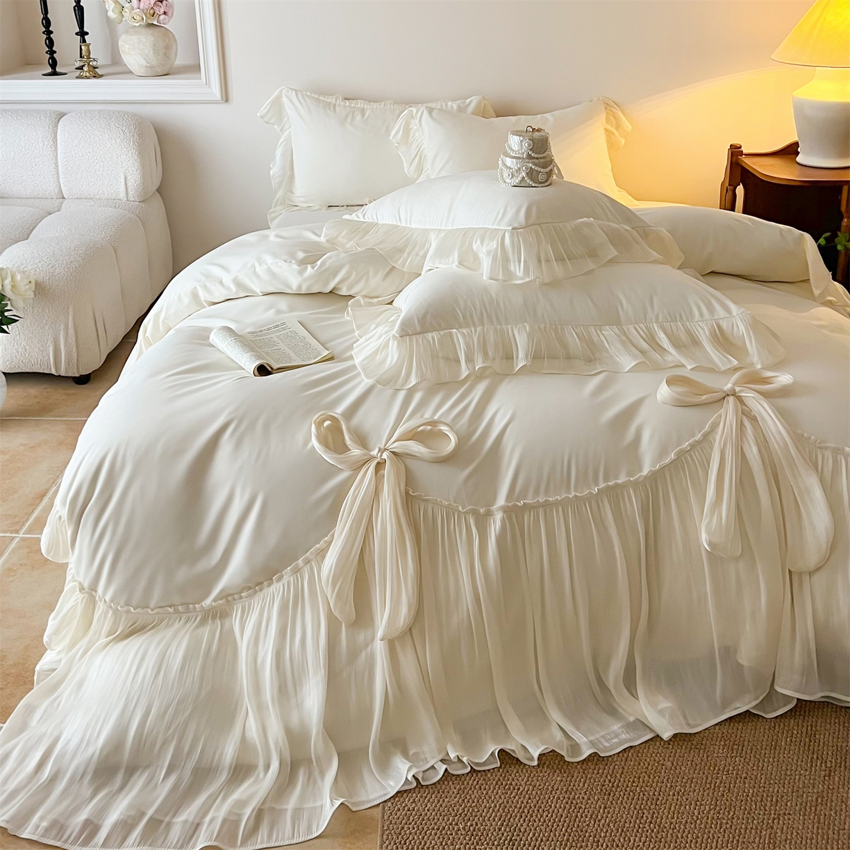 91家纺网 家纺一手货源 找家纺 吾欢心 2026春夏新款公主风索菲亚四件套 索菲亚白