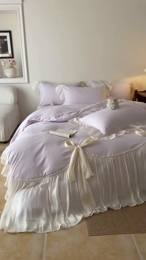 91家纺网 家纺一手货源 找家纺 吾欢心 2026春夏新款公主风索菲亚四件套 索菲亚紫