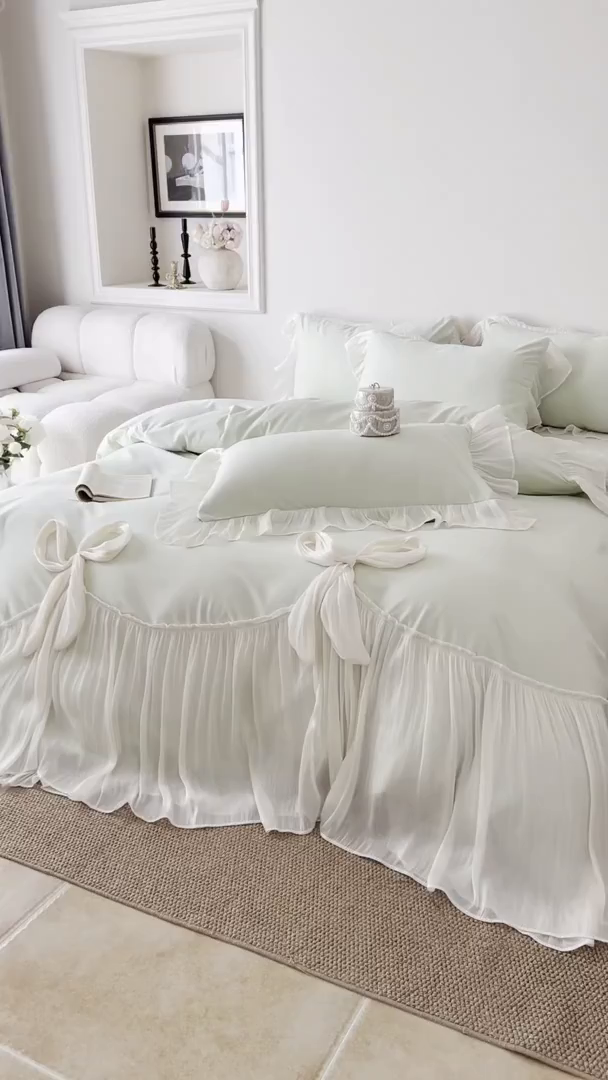 91家纺网 家纺一手货源 找家纺 吾欢心 2026春夏新款公主风索菲亚四件套 索菲亚绿