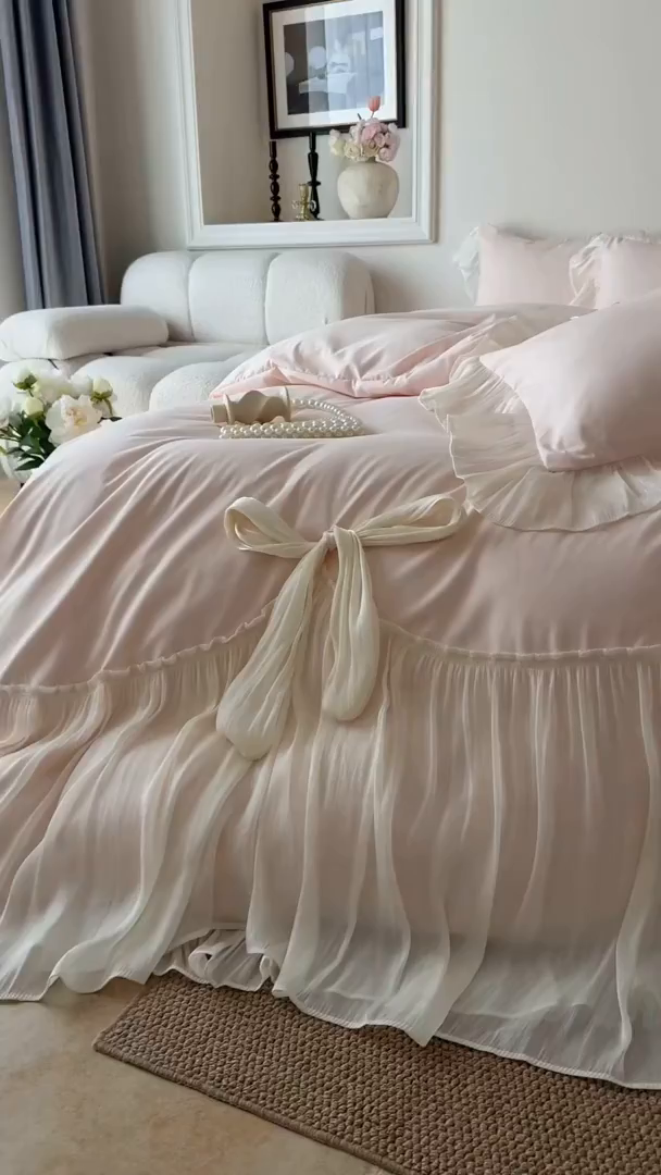 91家纺网 家纺一手货源 找家纺 吾欢心 2026春夏新款公主风索菲亚四件套 索菲亚粉