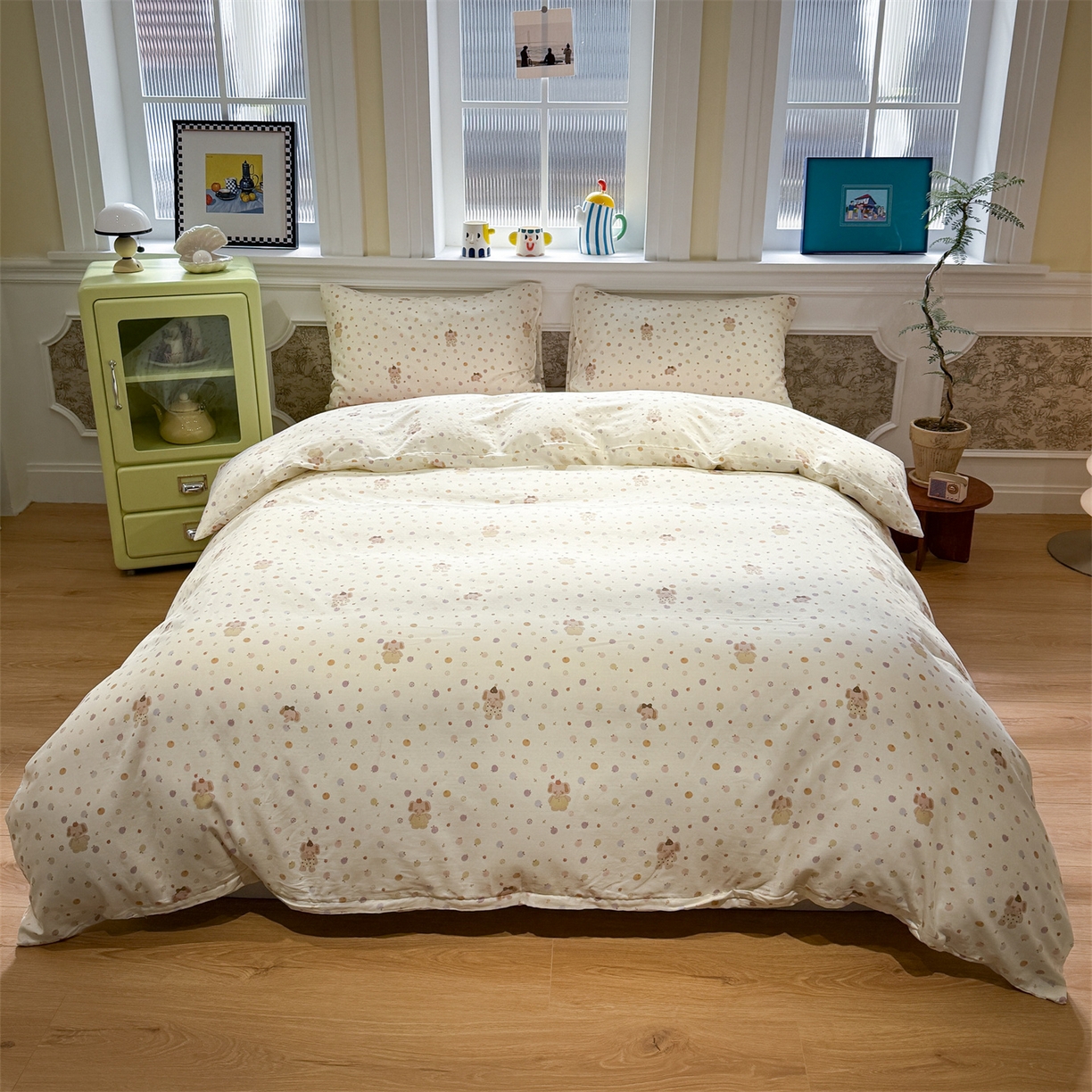 91家纺网 家纺一手货源 找家纺 塞纳 2026新款.全棉有氧双层纱四件套-场景二 春日泡泡熊