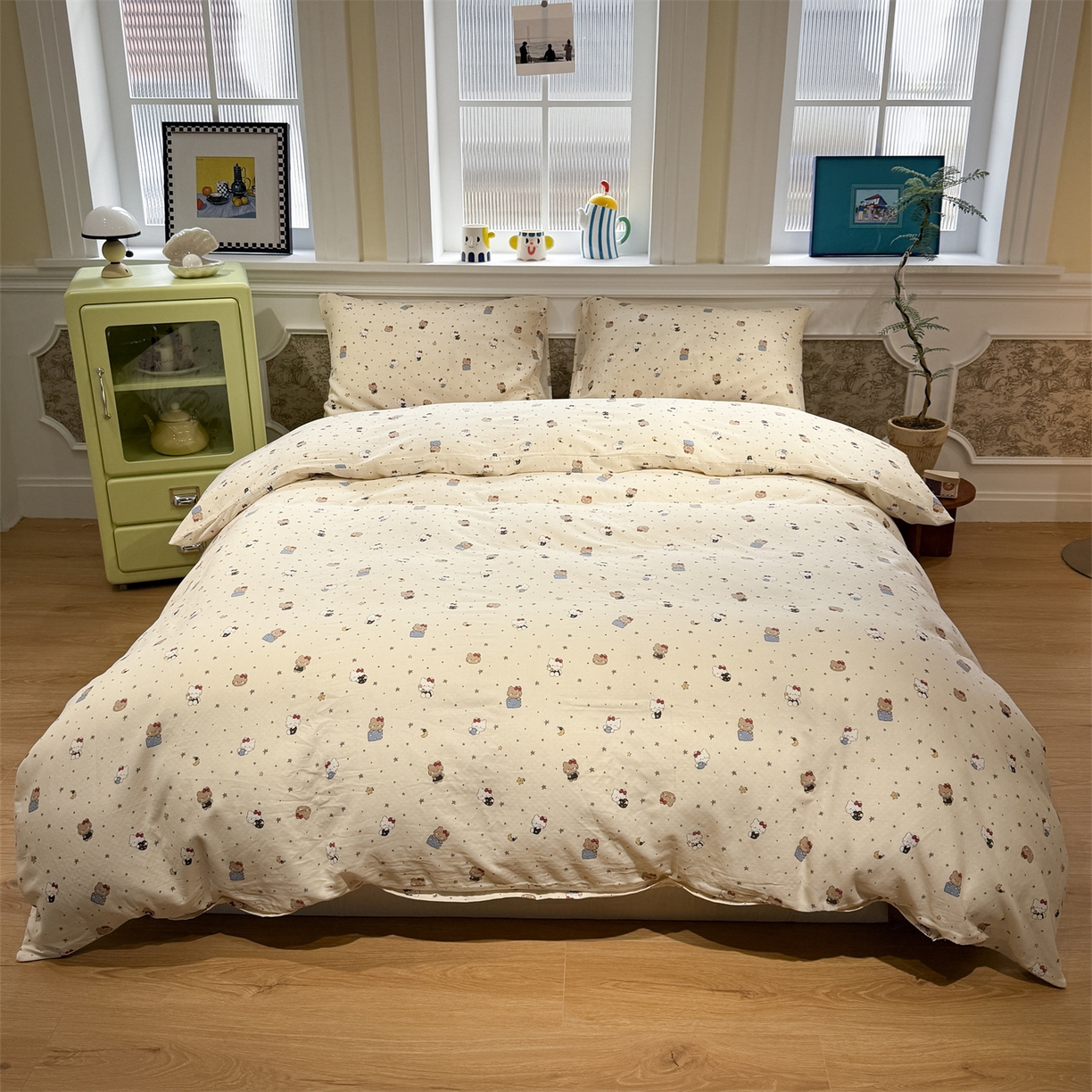 91家纺网 家纺一手货源 找家纺 塞纳 2026新款.全棉有氧双层纱四件套-场景二 奶油星崽