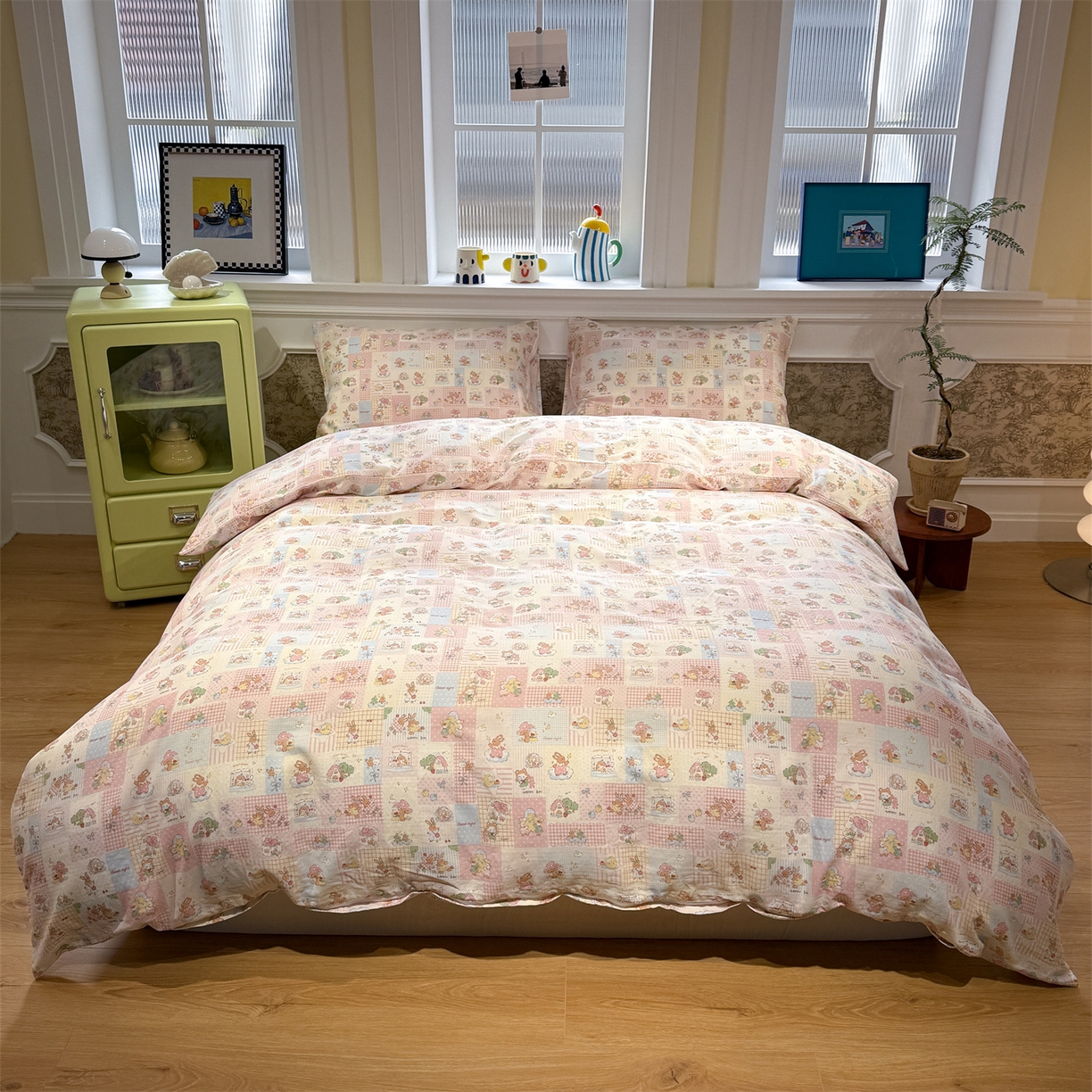 91家纺网 家纺一手货源 找家纺 塞纳 2026新款.全棉有氧双层纱四件套-场景二 桃桃奶盖