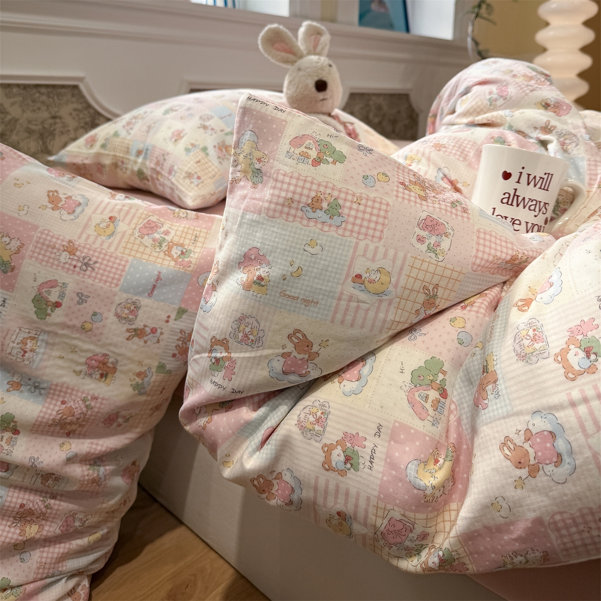 91家纺网 家纺一手货源 找家纺 塞纳 2026新款.全棉有氧双层纱四件套-场景二 桃桃奶盖