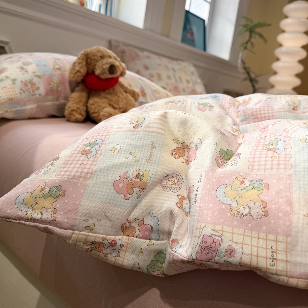 91家纺网 家纺一手货源 找家纺 塞纳 2026新款.全棉有氧双层纱四件套-场景二 桃桃奶盖