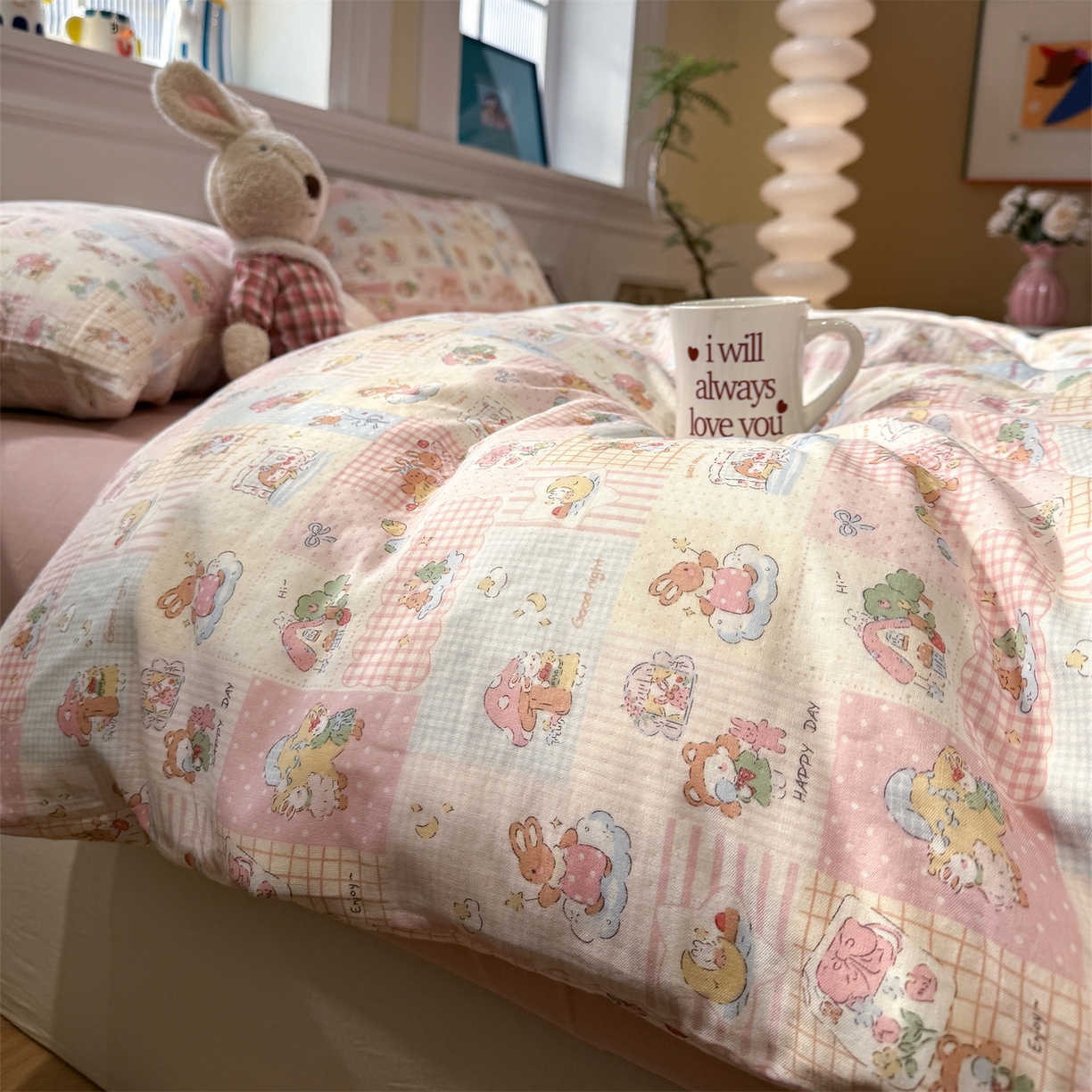 91家纺网 家纺一手货源 找家纺 塞纳 2026新款.全棉有氧双层纱四件套-场景二 桃桃奶盖