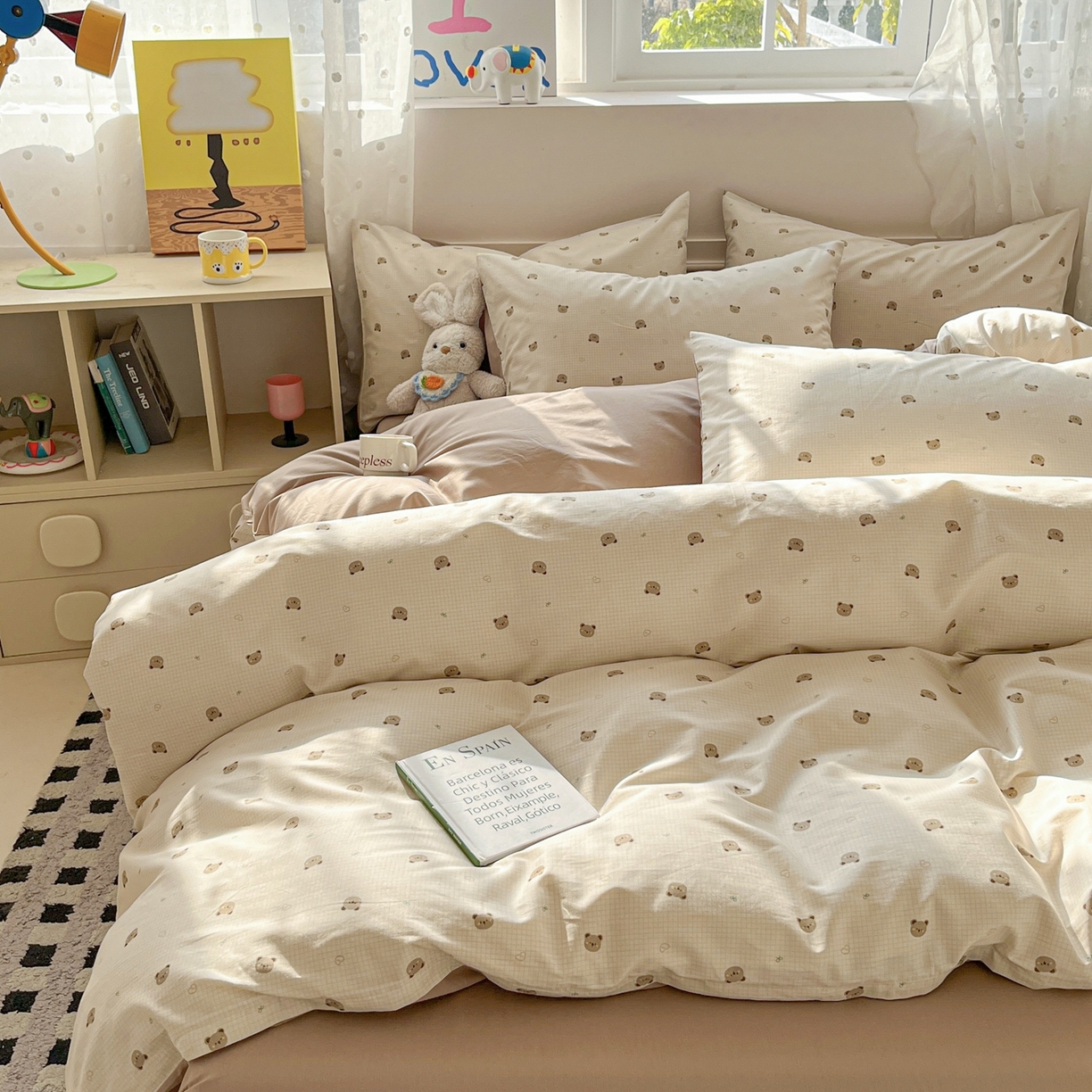 91家纺网 家纺一手货源 找家纺 柠馨 2026春夏新款13372全棉纯棉印花四件套-芙拉系列 元气熊-咖