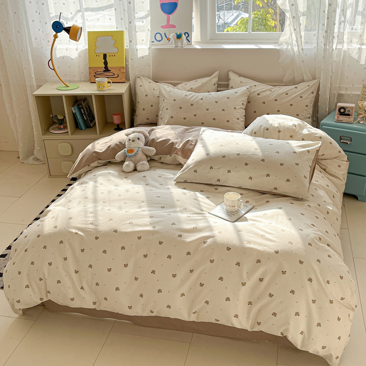 91家纺网 家纺一手货源 找家纺 柠馨 2026春夏新款13372全棉纯棉印花四件套-芙拉系列 元气熊-咖