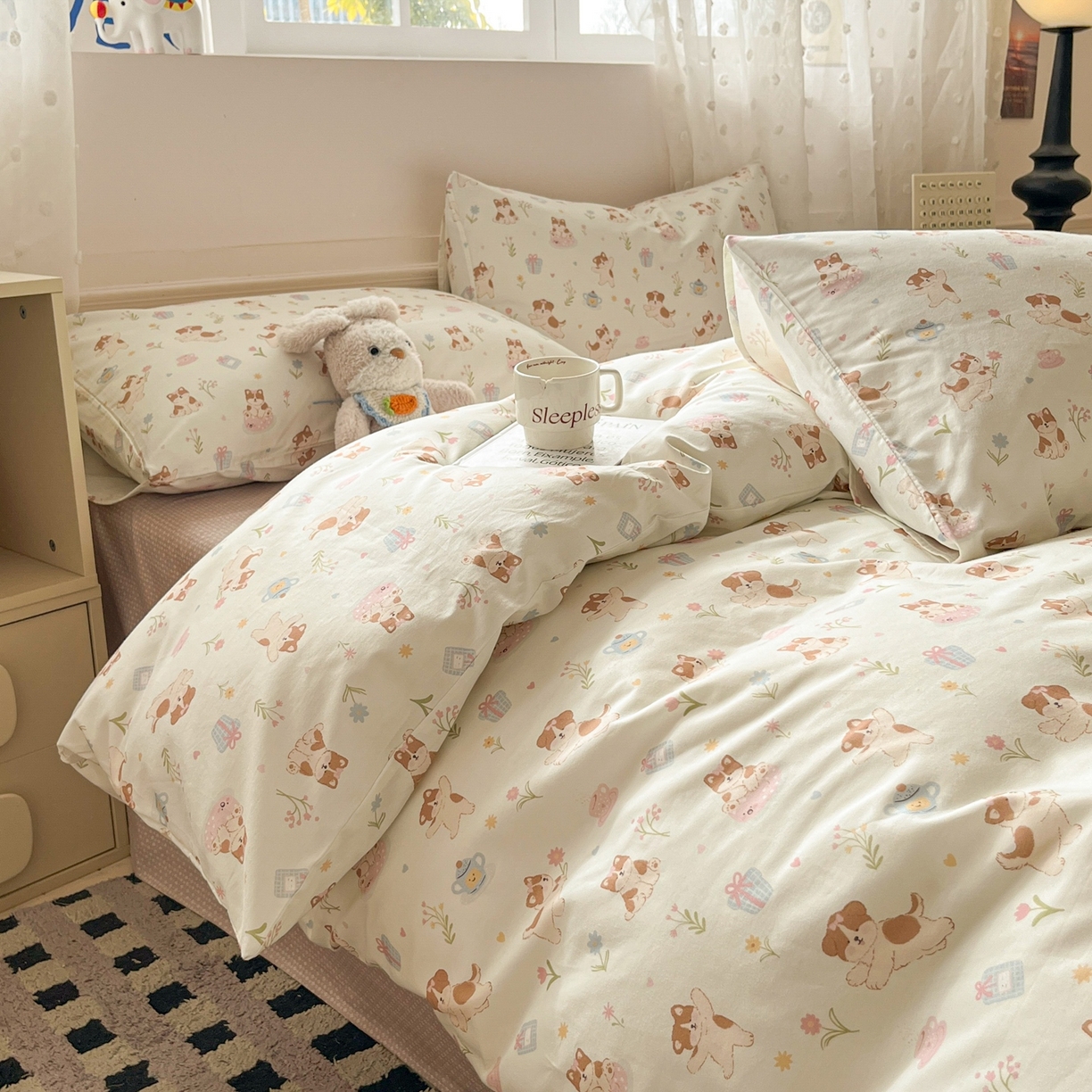 91家纺网 家纺一手货源 找家纺 柠馨 2026春夏新款13372全棉纯棉印花四件套-芙拉系列 糯米猫球