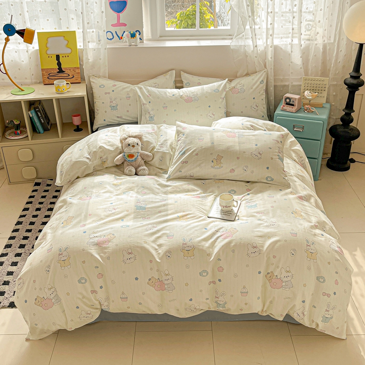 91家纺网 家纺一手货源 找家纺 柠馨 2026春夏新款13372全棉纯棉印花四件套-芙拉系列 软萌喵呜