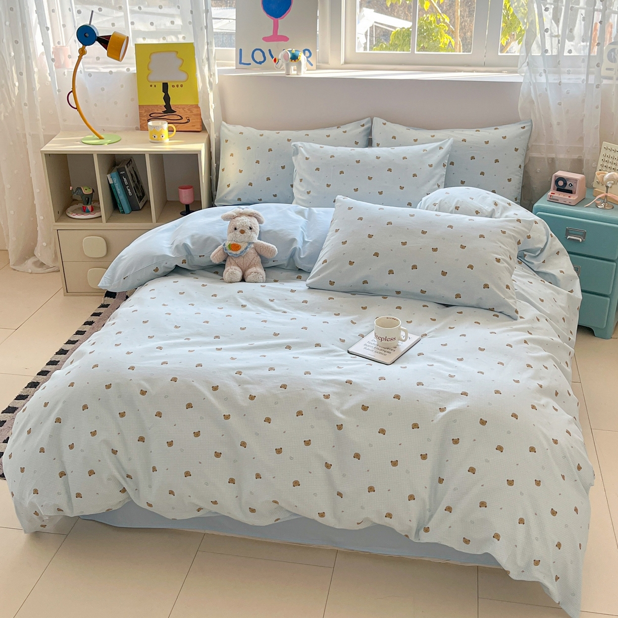 91家纺网 家纺一手货源 找家纺 柠馨 2026春夏新款13372全棉纯棉印花四件套-芙拉系列 元气熊-蓝