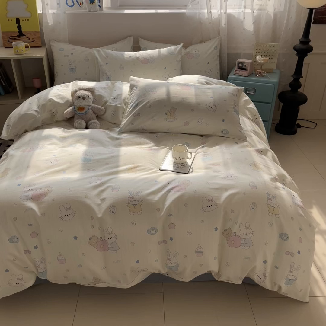 91家纺网 家纺一手货源 找家纺 柠馨 2026春夏新款13372全棉纯棉印花四件套-芙拉系列 软萌喵呜