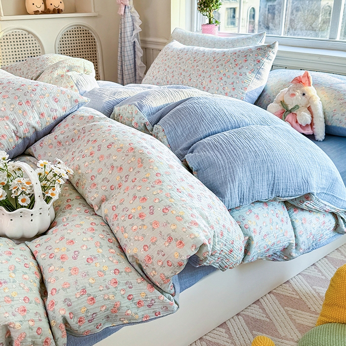 91家纺网 家纺一手货源 找家纺 木楌家居 2026新款A类全棉皱皱纱印花四件套 林汐