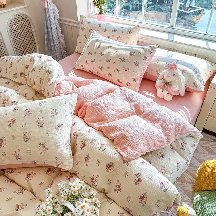 91家纺网 家纺一手货源 找家纺 木楌家居 2026新款A类全棉皱皱纱印花四件套 醉嫣然