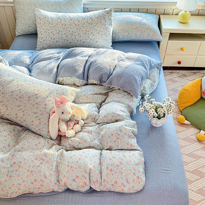 91家纺网 家纺一手货源 找家纺 木楌家居 2026新款A类全棉皱皱纱印花四件套 林汐