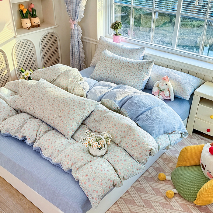 91家纺网 家纺一手货源 找家纺 木楌家居 2026新款A类全棉皱皱纱印花四件套 林汐